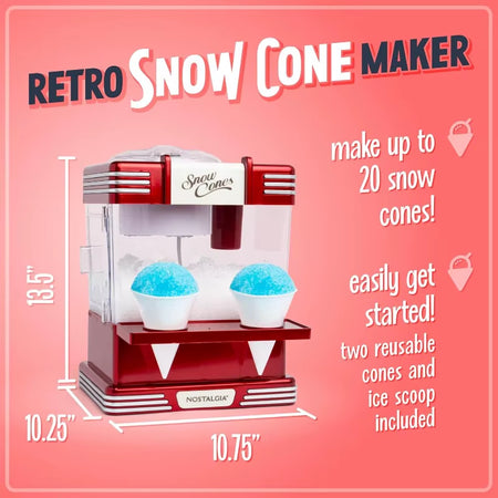 Snow Cone Shaved Ice Machine - Retro Table-Top Slushie Machine Makes 20 Icy Treats Includes 2 Reusable Plastic Cups & Ice Scoop