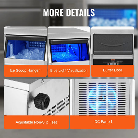 VEVOR 110V Commercial Ice Maker 80LBS/24H with 24Lbs Storage Capacity Stainless Steel Commercial Ice Machine 40 Ice Cubes per Plate Industrial Ice Maker Machine Auto Clean for Bar Home Supermarkets