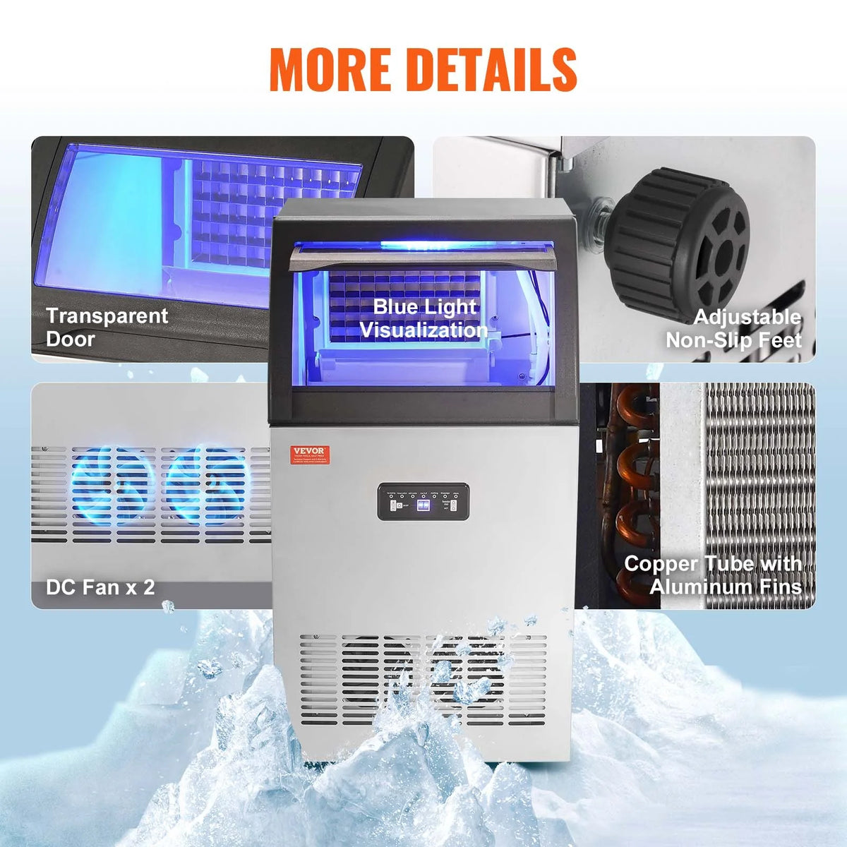 VEVOR Commercial Ice Maker, 130Lbs/24H, Ice Maker Machine, 55 Ice Cubes in 12-15 Minutes, Freestanding Cabinet Ice Maker with 24Lbs Storage Capacity LED Digital Display, for Bar Home Office Restaurant