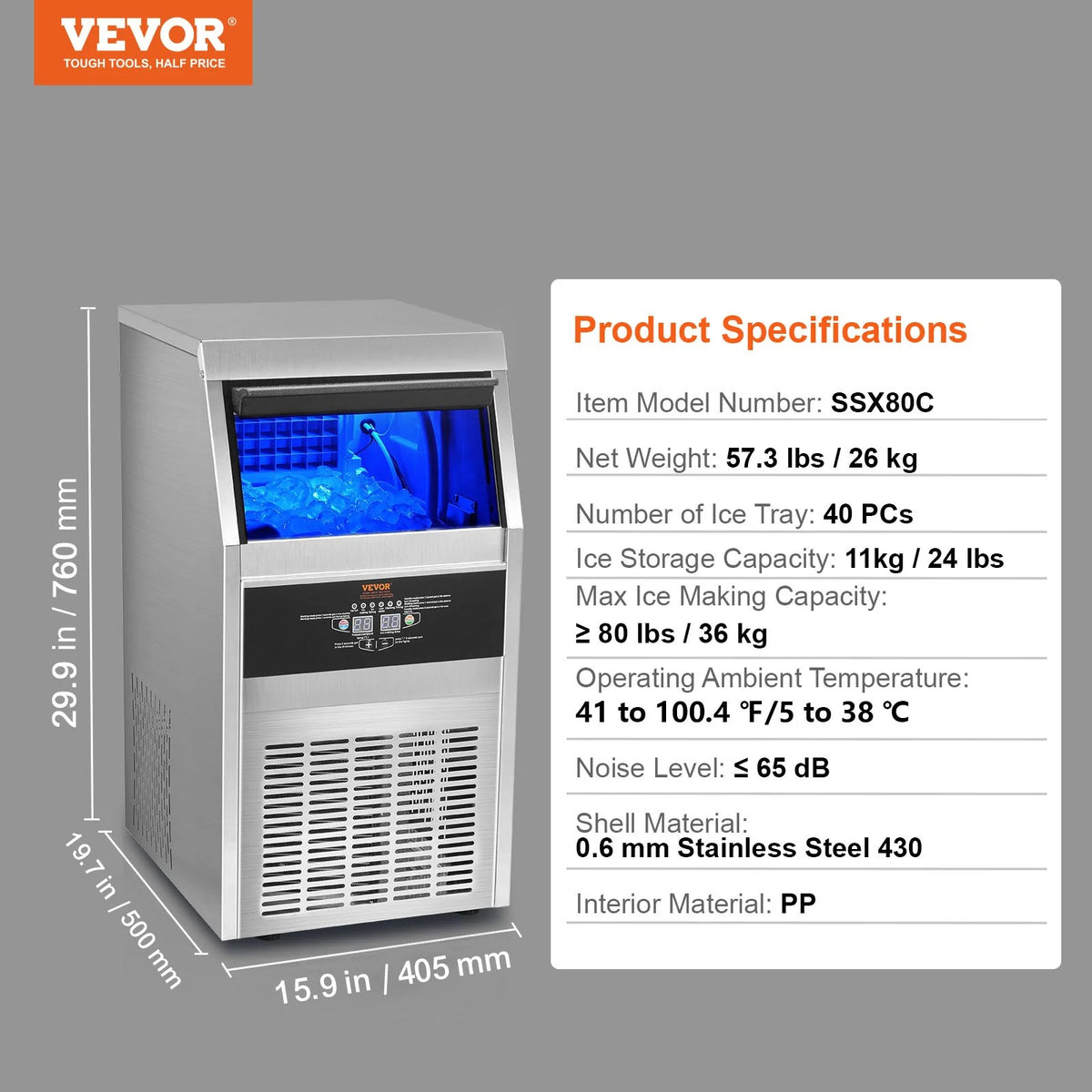 VEVOR 110V Commercial Ice Maker 80LBS/24H with 24Lbs Storage Capacity Stainless Steel Commercial Ice Machine 40 Ice Cubes per Plate Industrial Ice Maker Machine Auto Clean for Bar Home Supermarkets