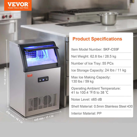 VEVOR Commercial Ice Maker, 130Lbs/24H, Ice Maker Machine, 55 Ice Cubes in 12-15 Minutes, Freestanding Cabinet Ice Maker with 24Lbs Storage Capacity LED Digital Display, for Bar Home Office Restaurant