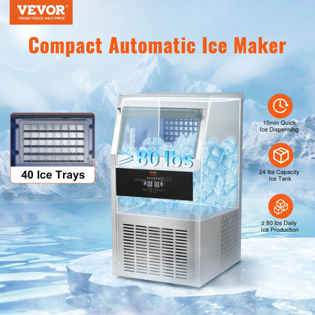 VEVOR 110V Commercial Ice Maker 80LBS/24H with 24Lbs Storage Capacity Stainless Steel Commercial Ice Machine 40 Ice Cubes per Plate Industrial Ice Maker Machine Auto Clean for Bar Home Supermarkets