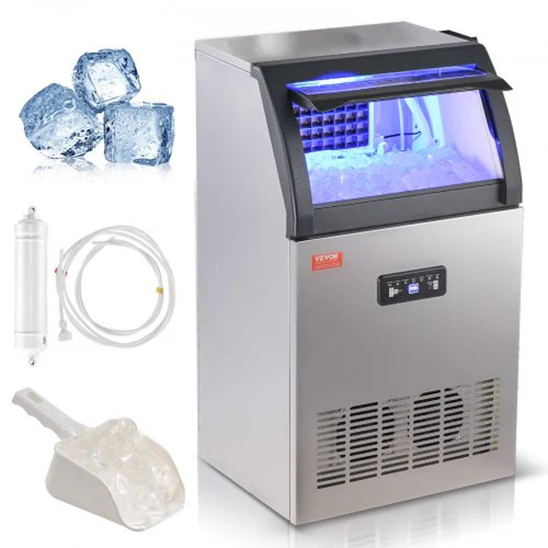 VEVOR Commercial Ice Maker, 130Lbs/24H, Ice Maker Machine, 55 Ice Cubes in 12-15 Minutes, Freestanding Cabinet Ice Maker with 24Lbs Storage Capacity LED Digital Display, for Bar Home Office Restaurant