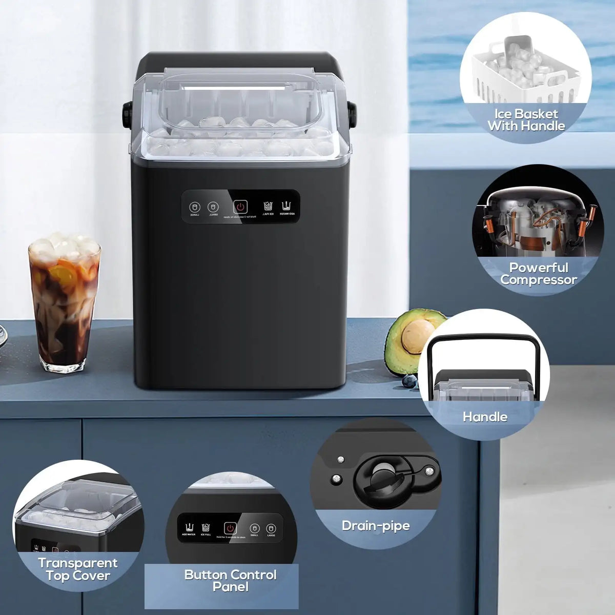Countertop Portable Ice Maker, Self-Cleaning with Handle, Ice Scoop, 2 Sizes of Bullet Ice Cubes, for Home/Kitchen/Office-Black
