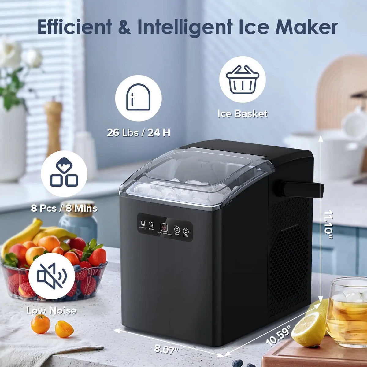 Countertop Portable Ice Maker, Self-Cleaning with Handle, Ice Scoop, 2 Sizes of Bullet Ice Cubes, for Home/Kitchen/Office-Black