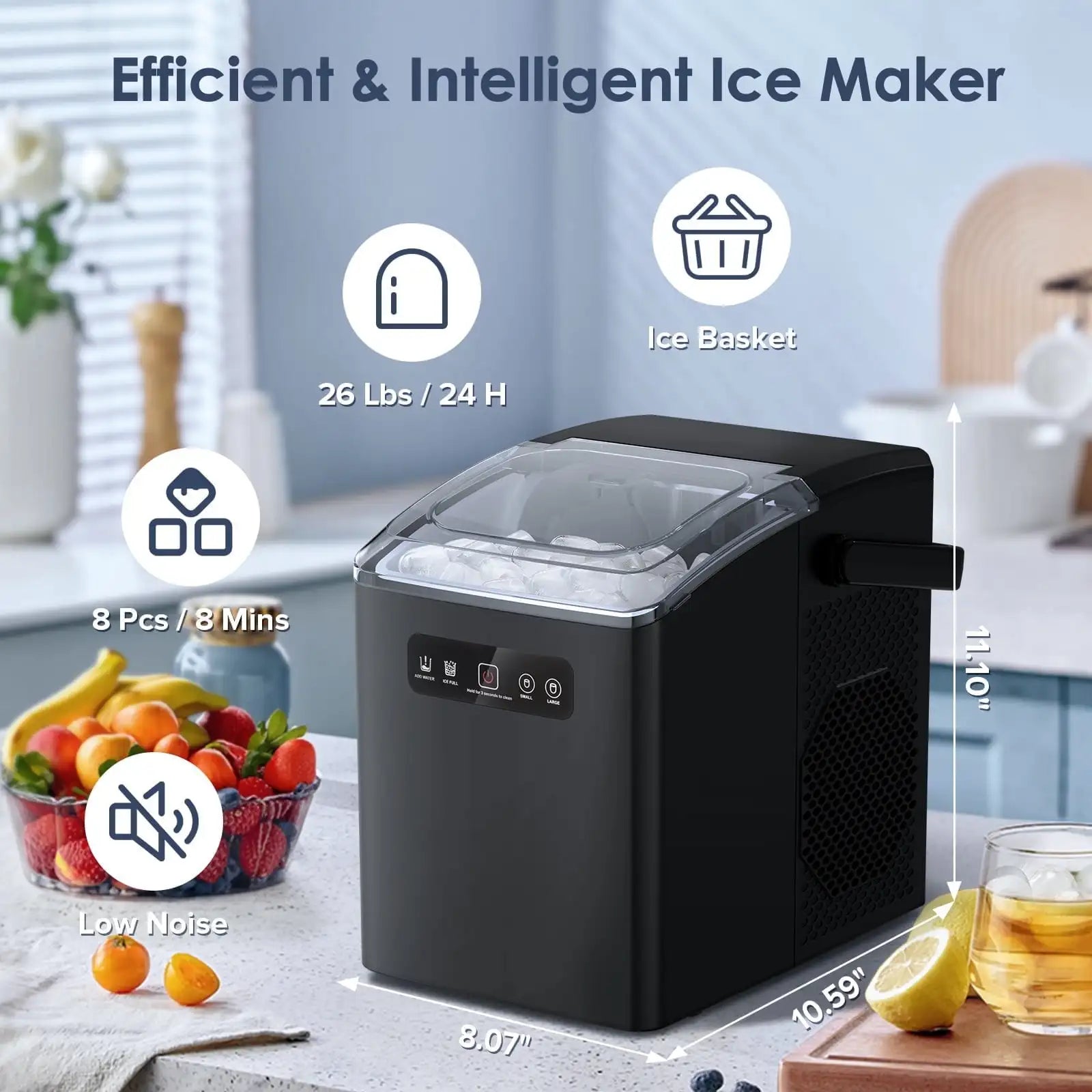 Countertop Portable Ice Maker, Self-Cleaning with Handle, Ice Scoop, 2 Sizes of Bullet Ice Cubes, for Home/Kitchen/Office-Black