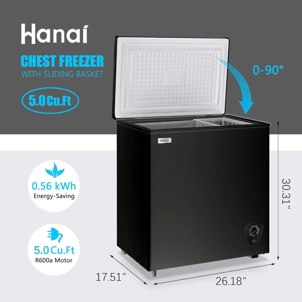 5.0 Cubic Feet Deep Chest Freezer with Adjustable Thermostat Top Open Door, with Rmovable Storage Basket for Home Kitchen Office