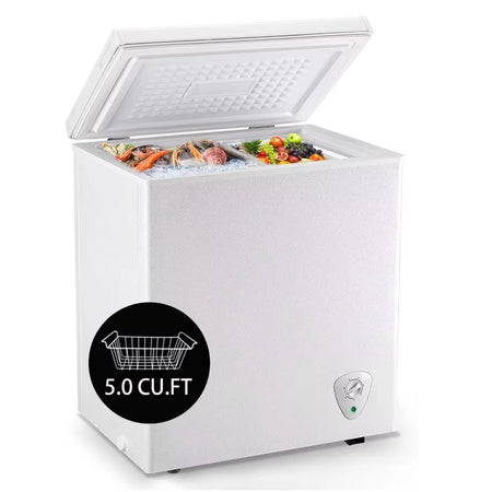 5.0 Cu.Ft Chest Freezer, Small Deep Freezer Black Top Door, Mini Freezer with Removable Basket and 7 Adjustable Temperature