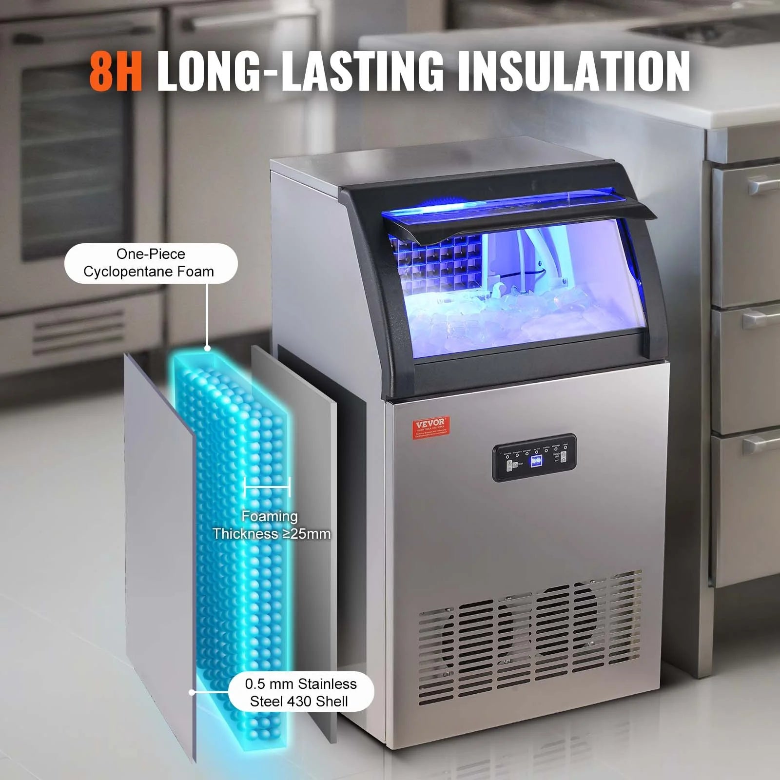 VEVOR Commercial Ice Maker, 130Lbs/24H, Ice Maker Machine, 55 Ice Cubes in 12-15 Minutes, Freestanding Cabinet Ice Maker with 24Lbs Storage Capacity LED Digital Display, for Bar Home Office Restaurant