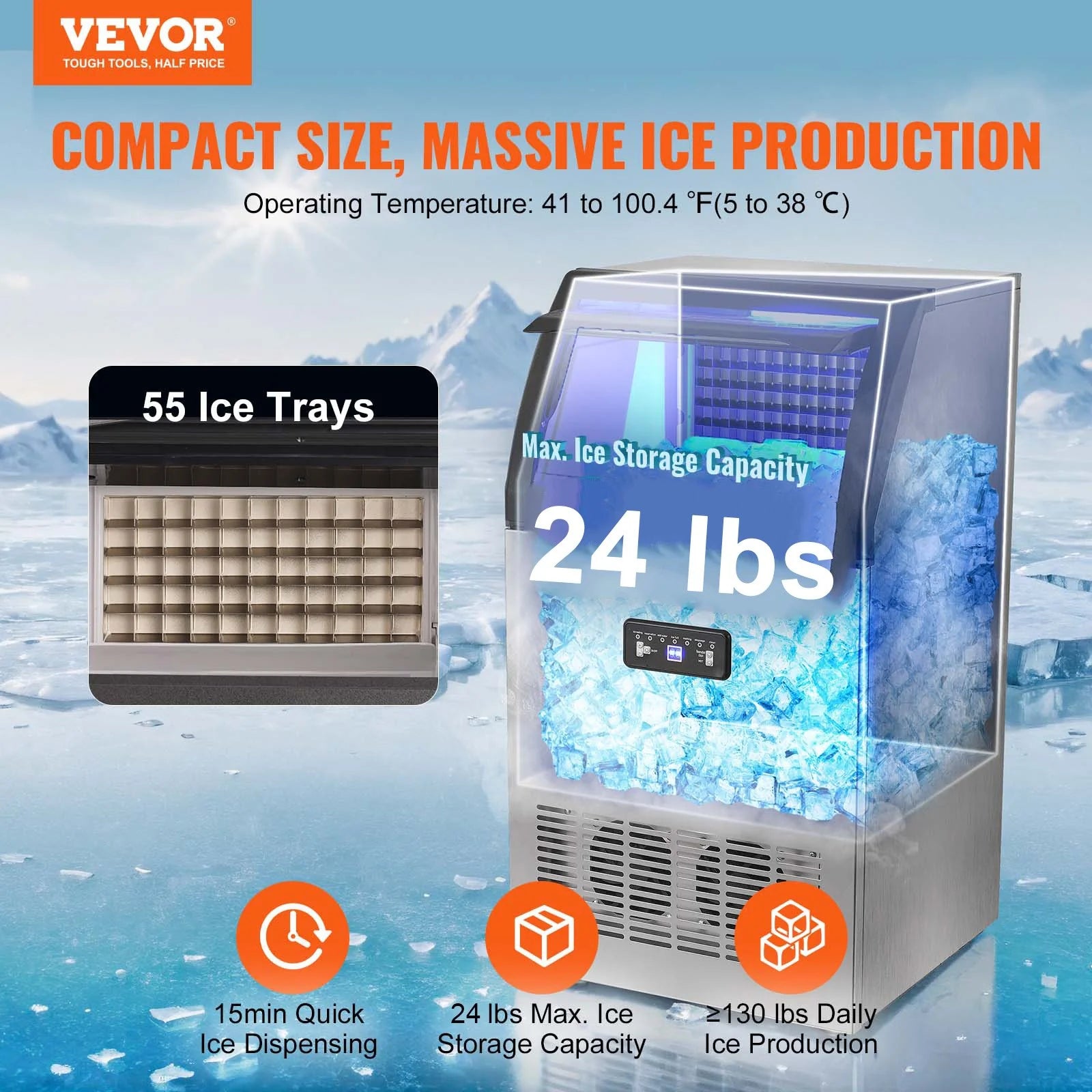 VEVOR Commercial Ice Maker, 130Lbs/24H, Ice Maker Machine, 55 Ice Cubes in 12-15 Minutes, Freestanding Cabinet Ice Maker with 24Lbs Storage Capacity LED Digital Display, for Bar Home Office Restaurant