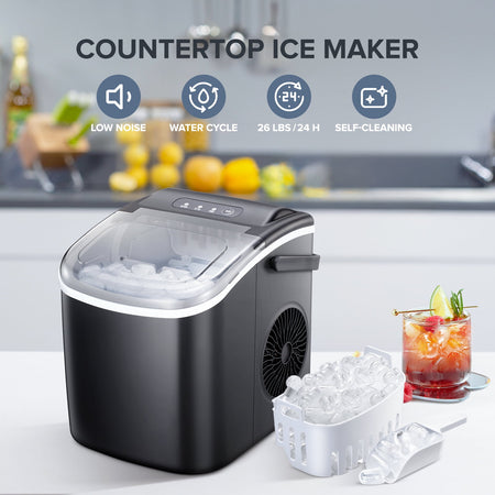 Countertop Ice Maker, Portable Ice Machine with Self-Cleaning, 26Lbs/24H, 9 Ice Cubes Ready in 6 Mins, for Home/Kitchen/Bar, Black