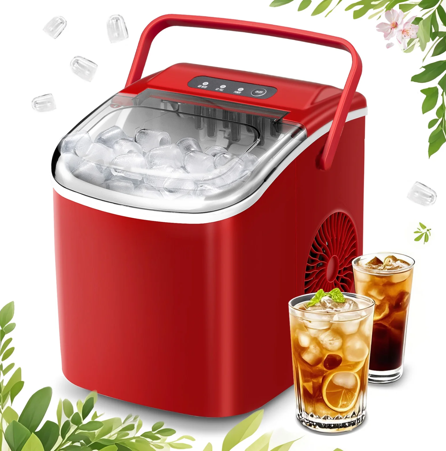 Countertop Ice Maker, Portable Ice Machine with Self-Cleaning, 26Lbs/24H, 9 Ice Cubes Ready in 6 Mins, for Home/Kitchen/Bar, Red