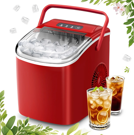 Countertop Ice Maker, Portable Ice Machine with Self-Cleaning, 26Lbs/24H, 9 Ice Cubes Ready in 6 Mins, for Home/Kitchen/Bar, Red
